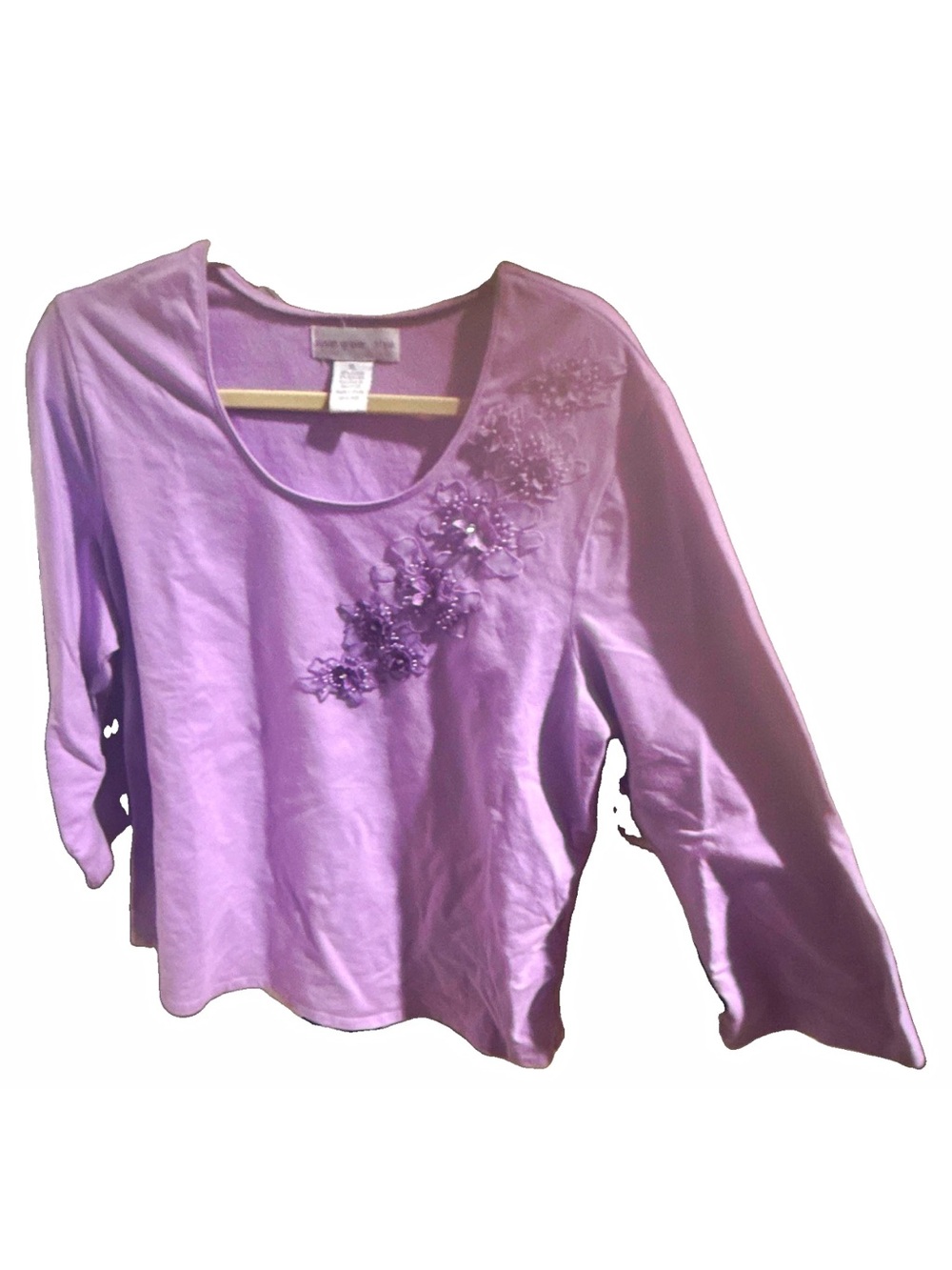 Susan Graver Lavender Long Sleeve Scoop Neck Top with Floral Appliqué